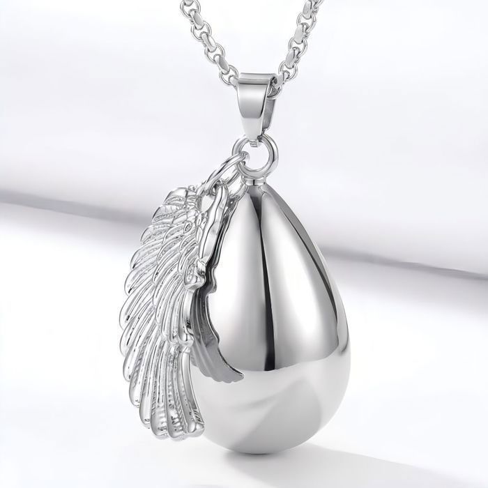Collier - Femme - Pendentif - Bola de Grossesse - Goutte - Aile d'Ange - Acier - Inoxydable - Argenté - 80 cm