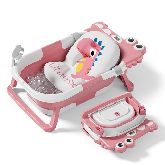 Vaschetta da bagno pieghevole per neonati - Termometro e cuscino inclusi - DINOSAURO - Rosa | SUPERB BABY
