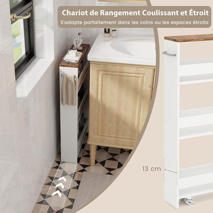 Carrito de cocina estrecho GIANTEX con ruedas y frenos - 47,5 x 13 x 80,5 cm - Carrito de servicio de 4 niveles con asa - Blanco