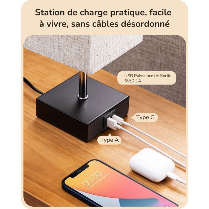 Juego de 2 lámparas de mesa táctiles EDISHINE, puertos USB-A y USB-C, bombilla LED regulable E27 incluida, pantalla beige.
