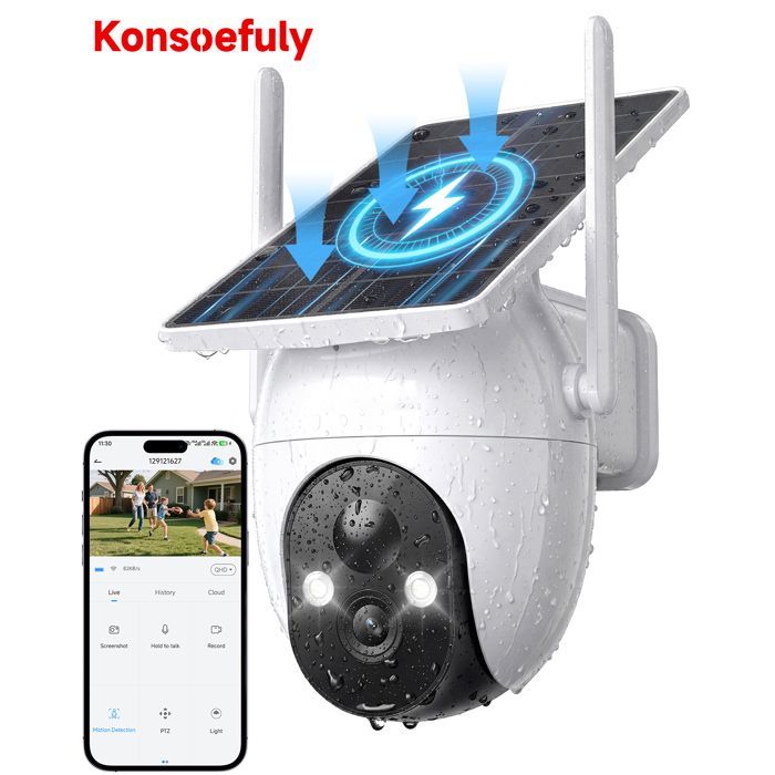 Cámara de seguridad solar inalámbrica para exteriores Konsoefuly® con panel solar BC 2K HD de 3 MP, detección PIR, clasificación IP65 para jardín y hogar.