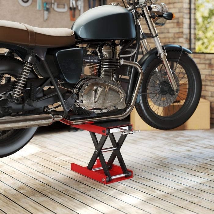 Elevador de motocicletas, capacidad de carga de 500 kg, plataforma elevadora regulable en altura de 100 a 370 mm.
