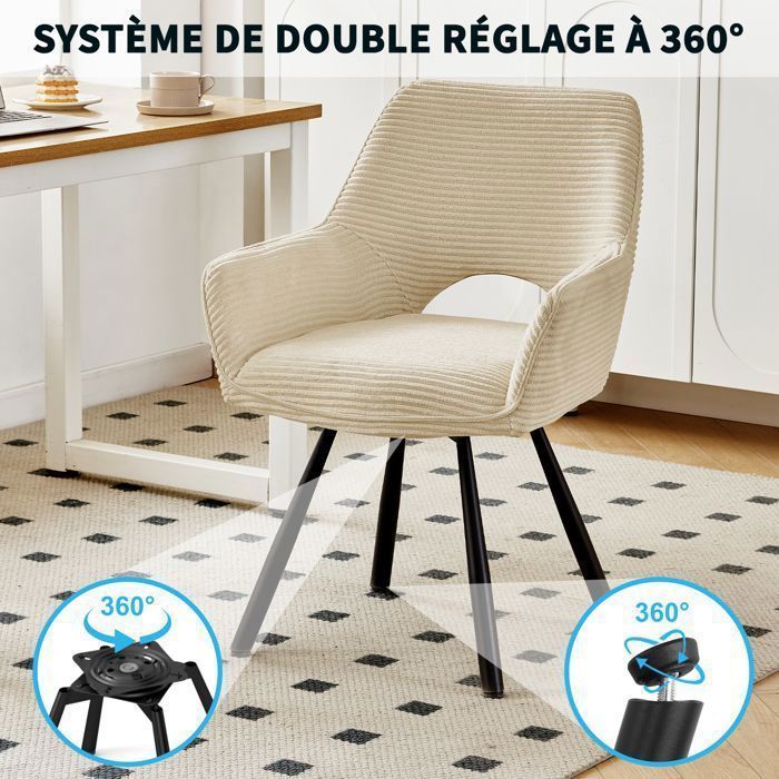 WAFTING Lot de 4 Chaises de Salle à Manger,  Fauteuil Pivotantes avec Accoudoirs, Rembourrées avec Dossier en Velours,Beige