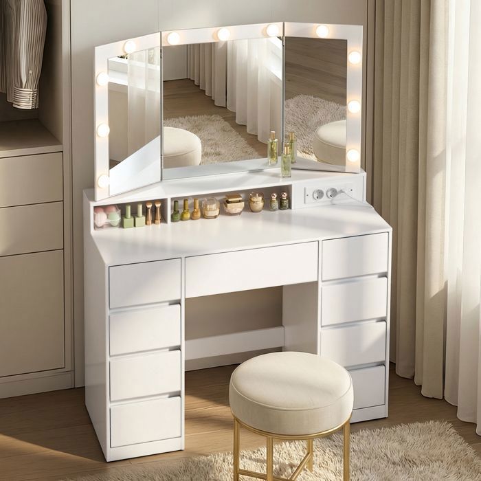 Penteadeira com 9 gavetas, espelho triplo dobrável, iluminação LED de 3 cores, para quarto, com régua de tomadas integrada, branca.