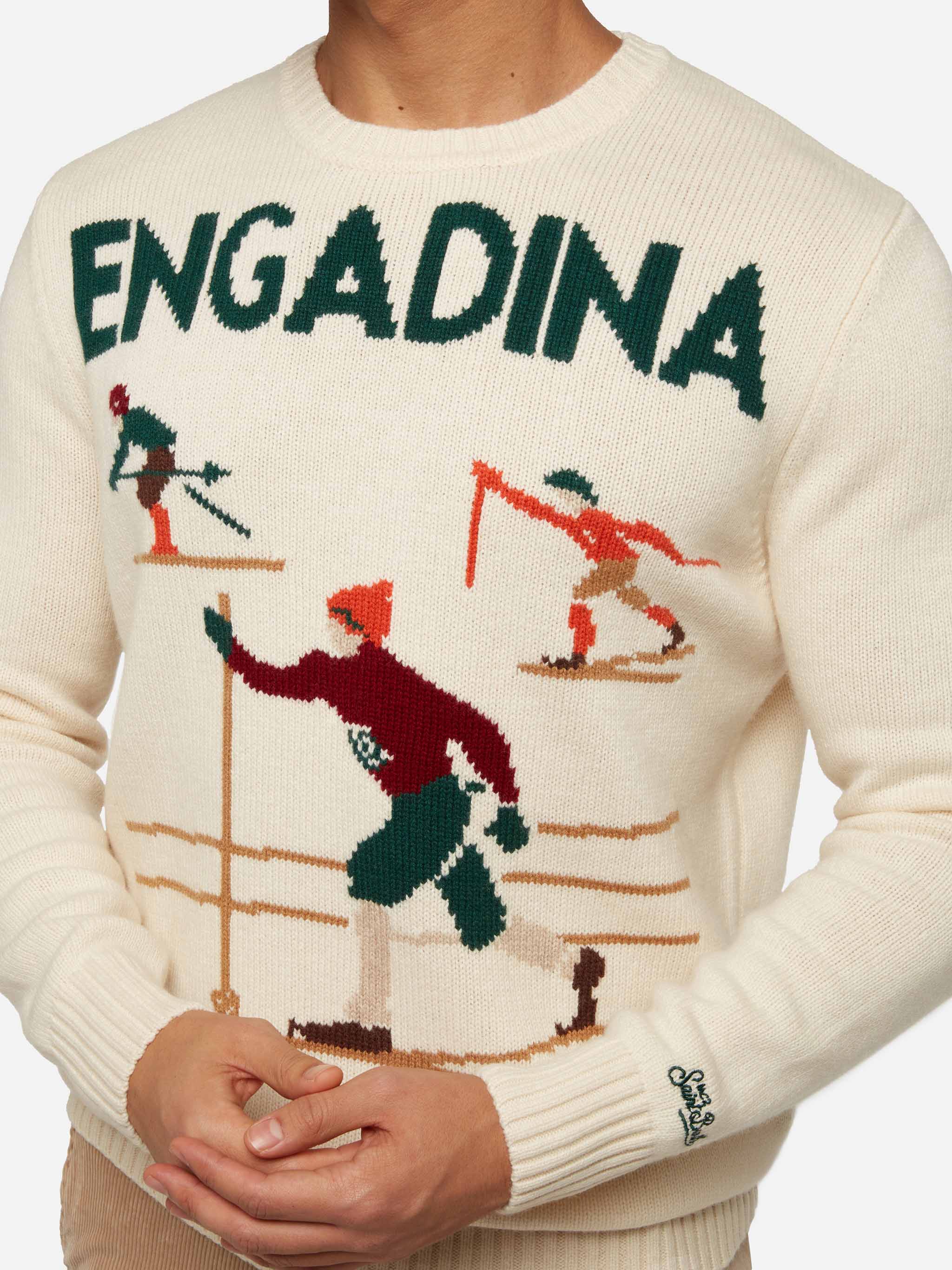 Bombardino Light weißer Pullover mit Engadina Skifahrer-Jacquard