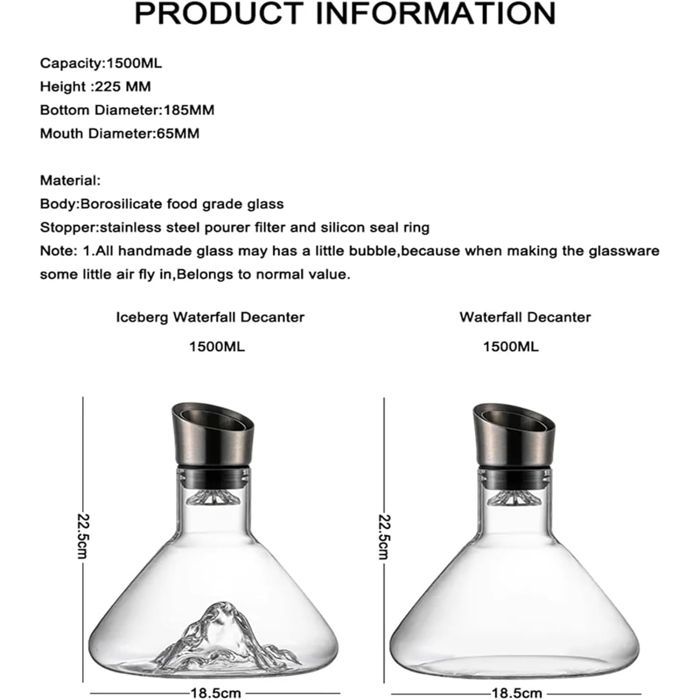 Decantador de vino transparente, decantador de vino de cristal con aireador doméstico, diseño iceberg, 1500 ml (Transparente)