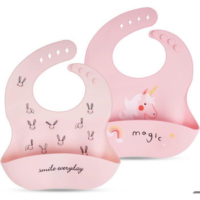 Silicone Baby Bib, 2-Piece Super Soft Silicone Baby Bibs, Silicone Feeding Bib with Crumb Catcher