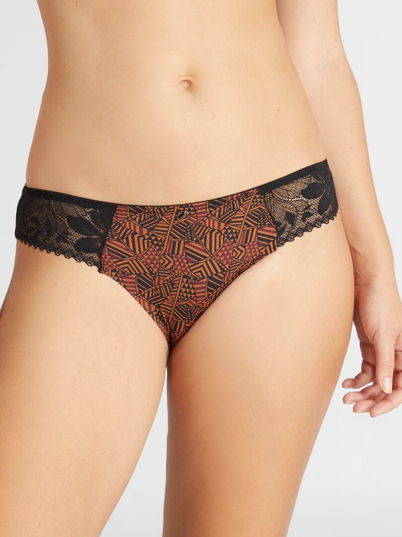 Calcinha 'Envie de lingerie' em microfibra e renda - MARROM