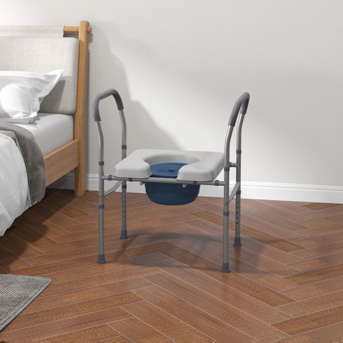 Asiento de inodoro perforado - HOMCOM - Asiento de inodoro acolchado multifuncional ajustable 4 en 1 con asa, capacidad de 136 kg - acero - gris
