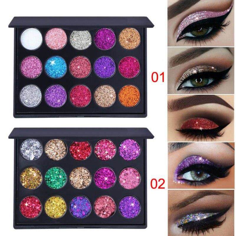 Paleta de Sombras Feminina Natural à Prova d'Água com Glitter, Pó Metálico Brilhante, Pigmentos Cintilantes, Kit com 15 Cores de Diamante