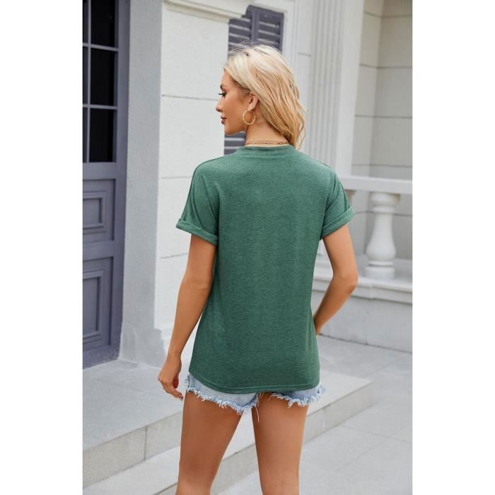 T-shirt da donna a maniche corte con scollo a V e bottoni, tinta unita, vestibilità comoda e casual, ideale per l'estate, in tessuto confortevole - Taglia UE - Verde