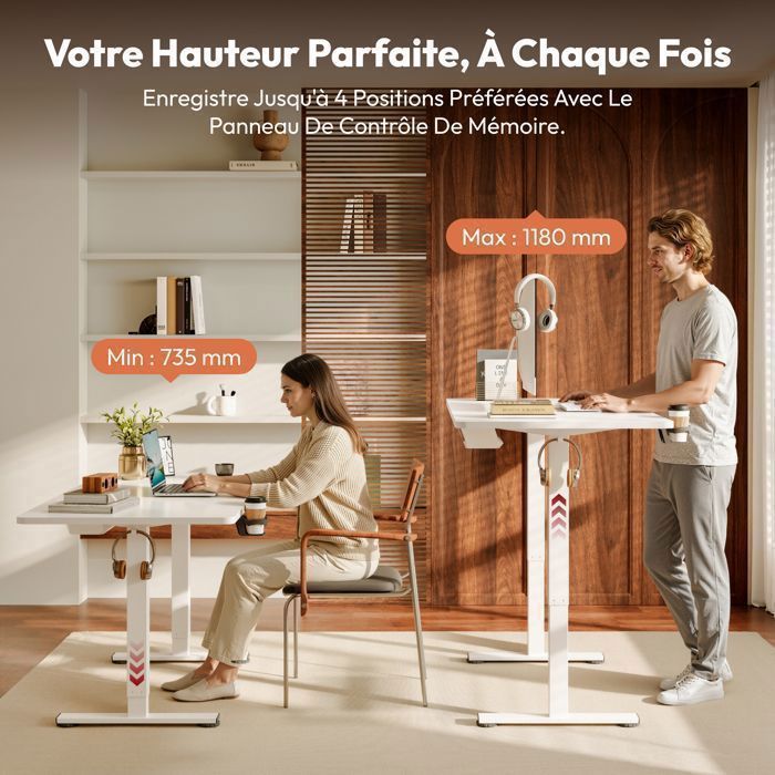 SANODESK 140x60cm Bureau Assis Debout Électrique, avec Système Anti-Collision et Fonctions Mémoires, Crochet/Porte-gobelet, Blanc