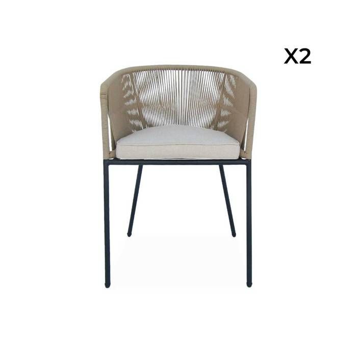 Juego de 2 sillas de jardín de cuerda beige y acero galvanizado. Cojín beige.
