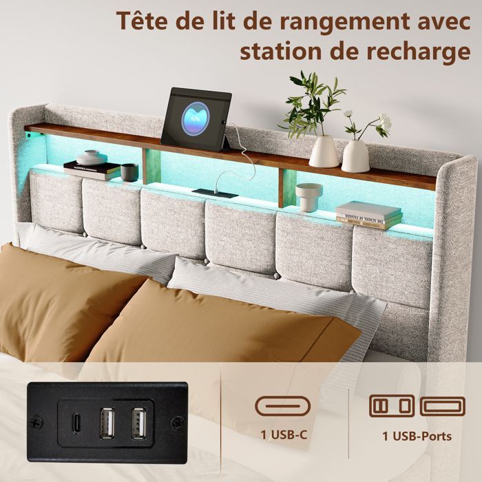 Cama doble 140x190 - HOFURNI - Moderna - 4 cajones - Recargable por USB - LED ajustable