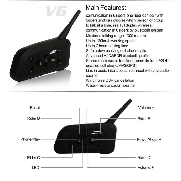 Intercomunicador inalámbrico para motocicletas Vnetphone V6-1200, auriculares Bluetooth impermeables con micrófono, alcance de 1200 m, para 6 motociclistas/esquiadores.