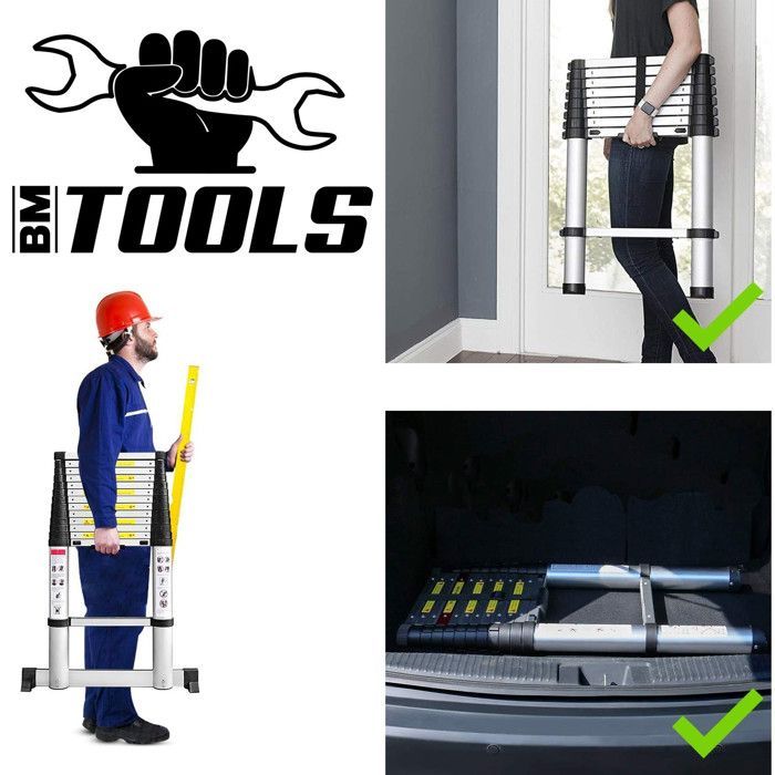 Échelle Télescopique BM TOOLS  2,6M en ALU avec stabilisateur - Charge 150kg Pliable Extensible Unique Droite Multi-fonction