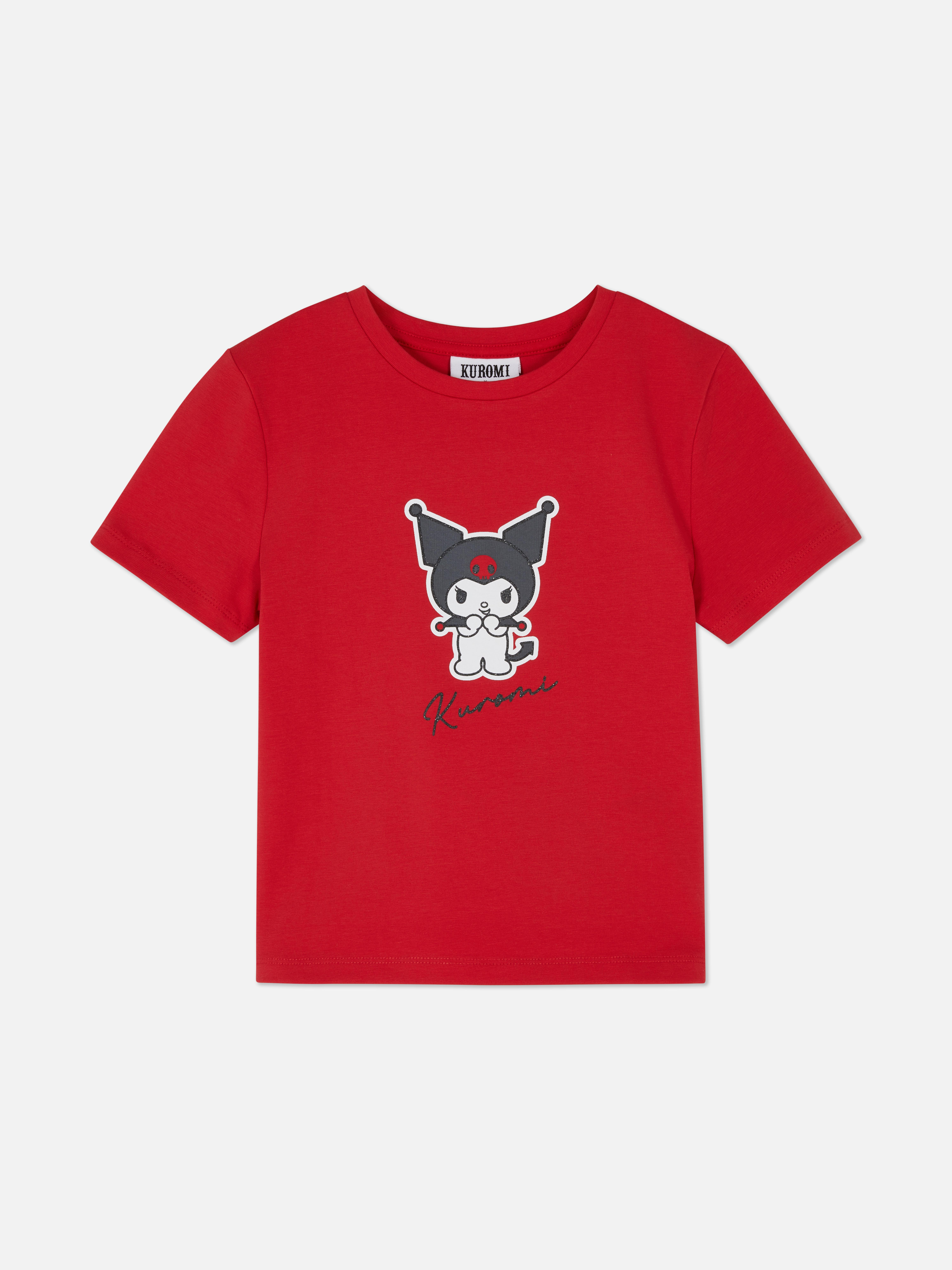 Hello Kitty Kuromi T-Shirt Ein T-Shirt mit Rundhalsausschnitt, kurzen Ärmeln und einem Aufdruck von Kuromi auf der Vorderseite