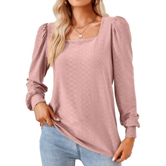 Femme Pull Manches Longues Col Carré Casual Pullover Lâche Tops Couleur Unie Pour Printemps Et Automne - Taille EU - Rose Clair