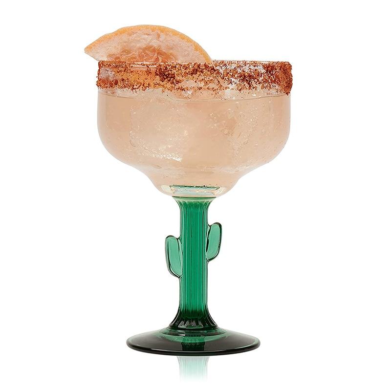 Livraison gratuite - Lot de 2 verres à margarita mexicains en verre soufflé à la main, motif cactus saguaro et bord vert.