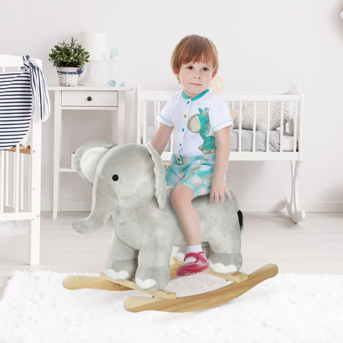 Caballito balancín infantil, juguete balancín de peluche con forma de elefante, con efectos de sonido, con asas, color gris.