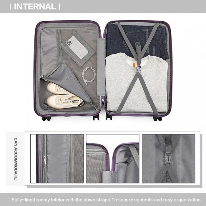 Brittiläinen Traveller Hard Shell -lentolaukku, 55x40x22cm, polypropeenia, neljällä pyörällä, TSA-lukolla ja säädettävällä kahvalla, violetti