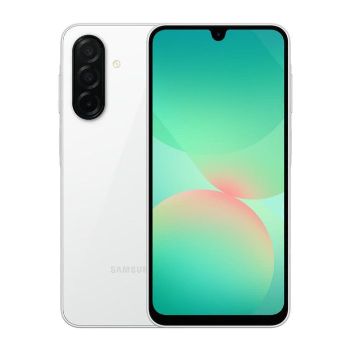 Smartphone Samsung Galaxy A26 5G blanco, 6 GB de RAM y 128 GB de almacenamiento.
