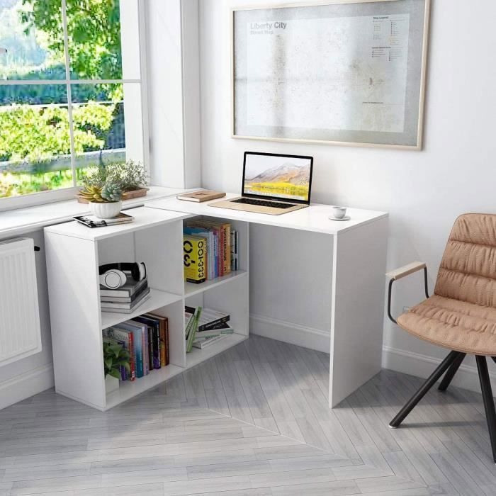 Corner desk with storage, 4 shelves, reversible corner, computer desk, wood, white - Mondeer