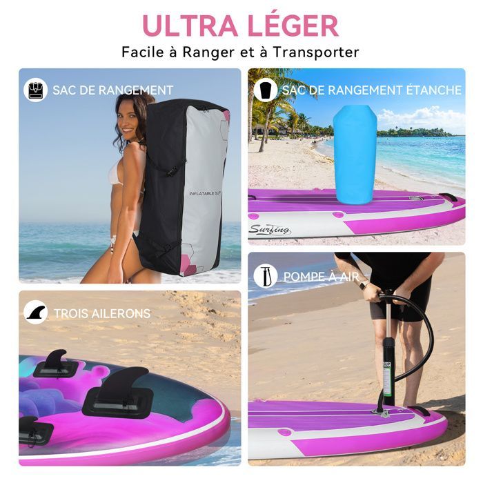 Tabla de paddle surf hinchable - 335x84x15cm - Tabla hinchable con asiento - PULUOMIS - Carga máxima 150 kg - Morado