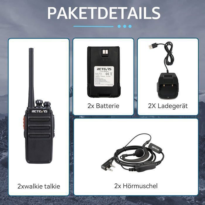 Walkie Talkie profesional recargable Retevis RT24 PMR446 de 16 canales CTCSS/DCS, con auriculares y estuche de carga, ideal para senderismo.