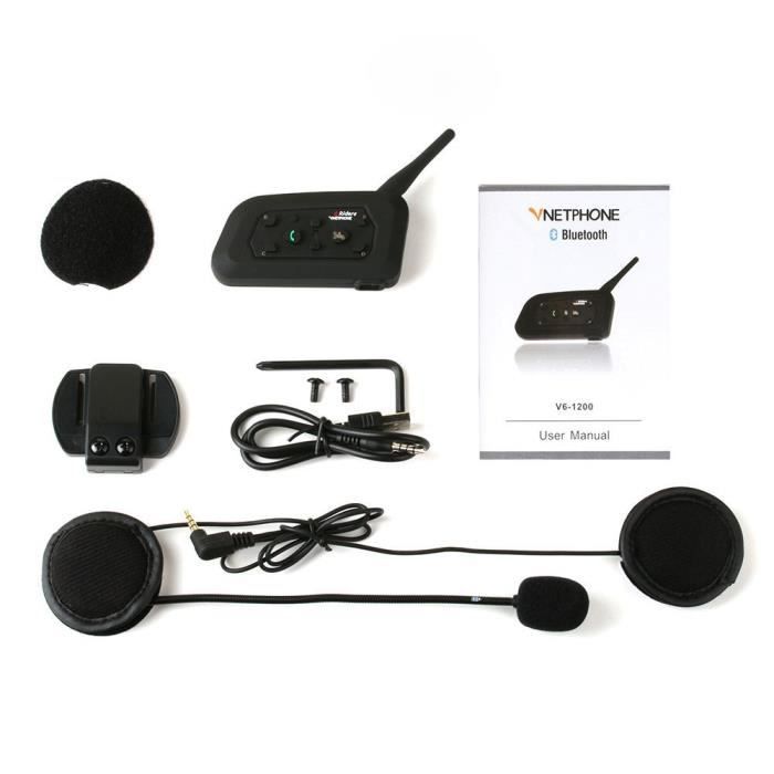 Intercomunicador inalámbrico para motocicletas Vnetphone V6-1200, auriculares Bluetooth impermeables con micrófono, alcance de 1200 m, para 6 motociclistas/esquiadores.
