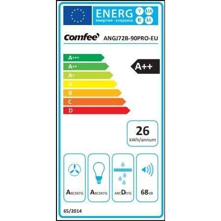 Comfee 90 cm schuine afzuigkap, 800 m³/u, klasse A++, 4 snelheden, BLDC, afzuiging en recirculatie, gebarenbediening, zwart glas