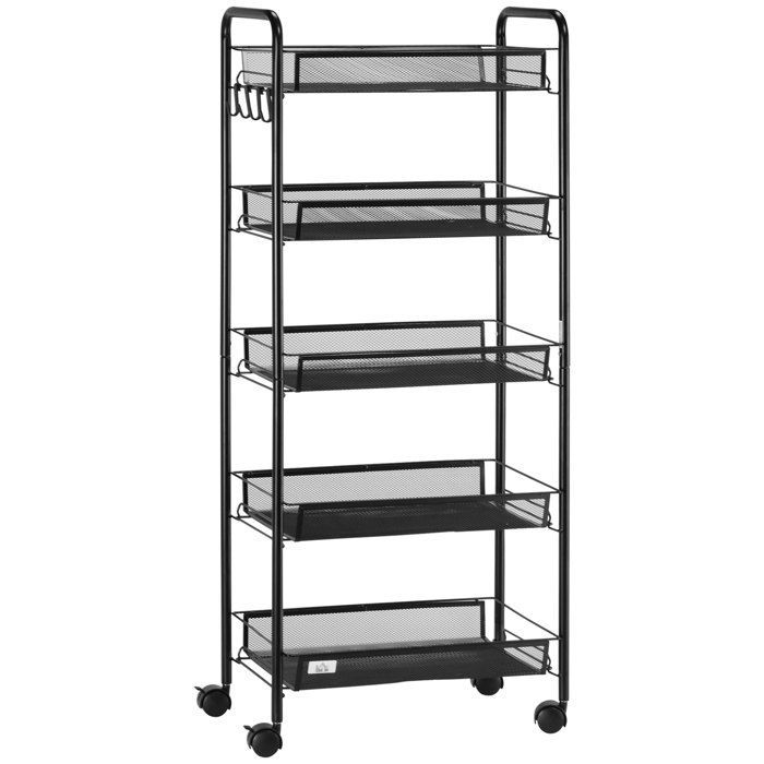 Carro de almacenamiento - HOMCOM - 5 niveles, carrito de servicio con ruedas, cestas extraíbles, 4 ganchos - acero - 45x26,5x106cm - negro