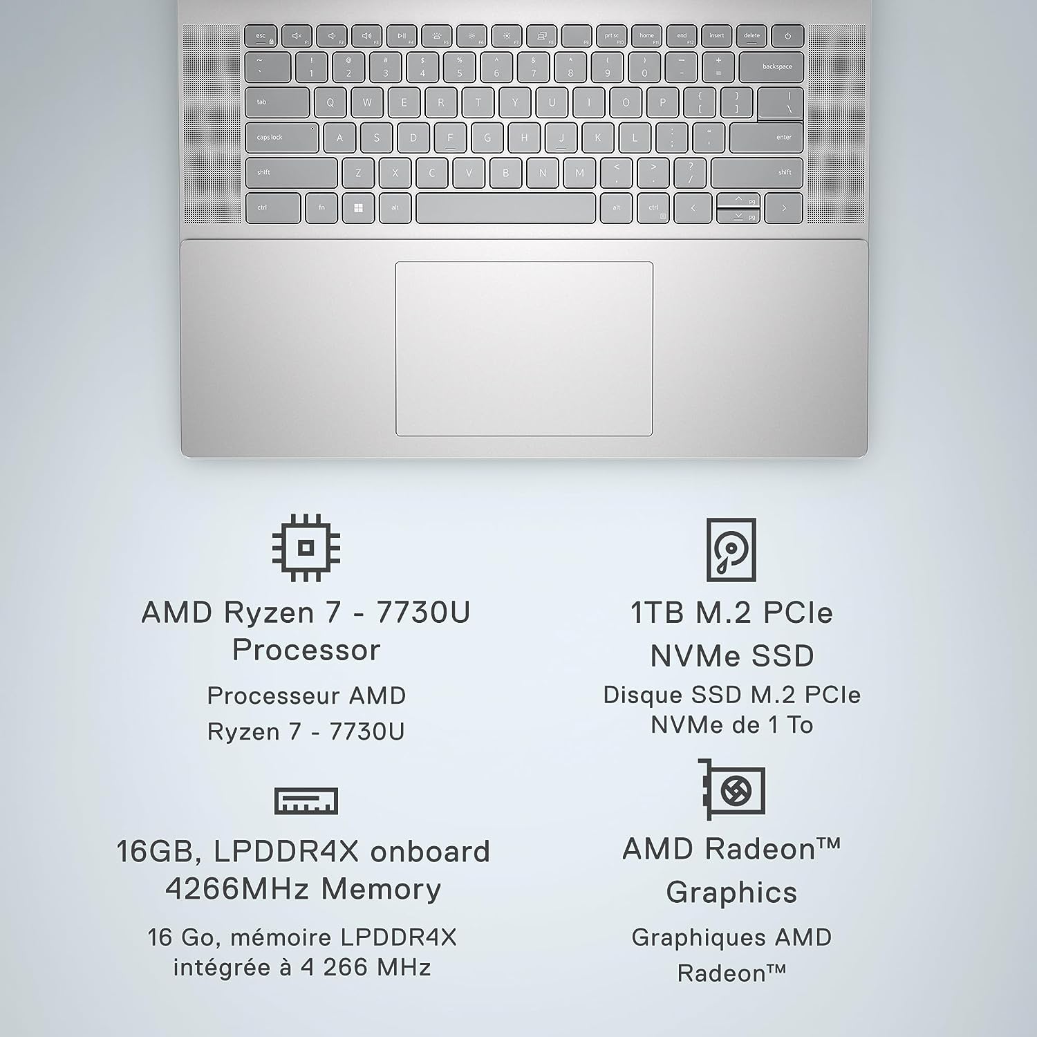 Notebook Dell Inspiron 16 5635 – AMD Ryzen 7-7730U, QHD 16 palců, 16 GB RAM LPDDR4x, 1 TB SSD, grafika AMD Radeon, Windows 11 Home, 1 rok prémiové podpory – platinovo stříbrná