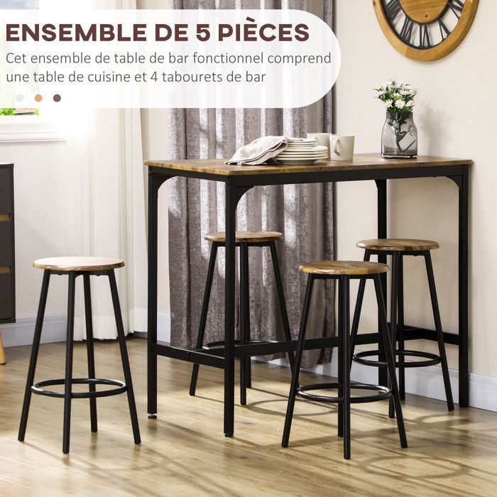 HOMCOM - Mesa alta y 4 taburetes - Metal - 110x50x89,5cm - Marrón