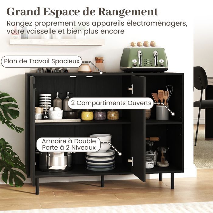 Buffet de Cuisine 106cm COSTWAY, 2 Portes, Etagères Réglables, Kit Anti-basculement, Meuble de Bar à Café pour Salle à Manger, Noir