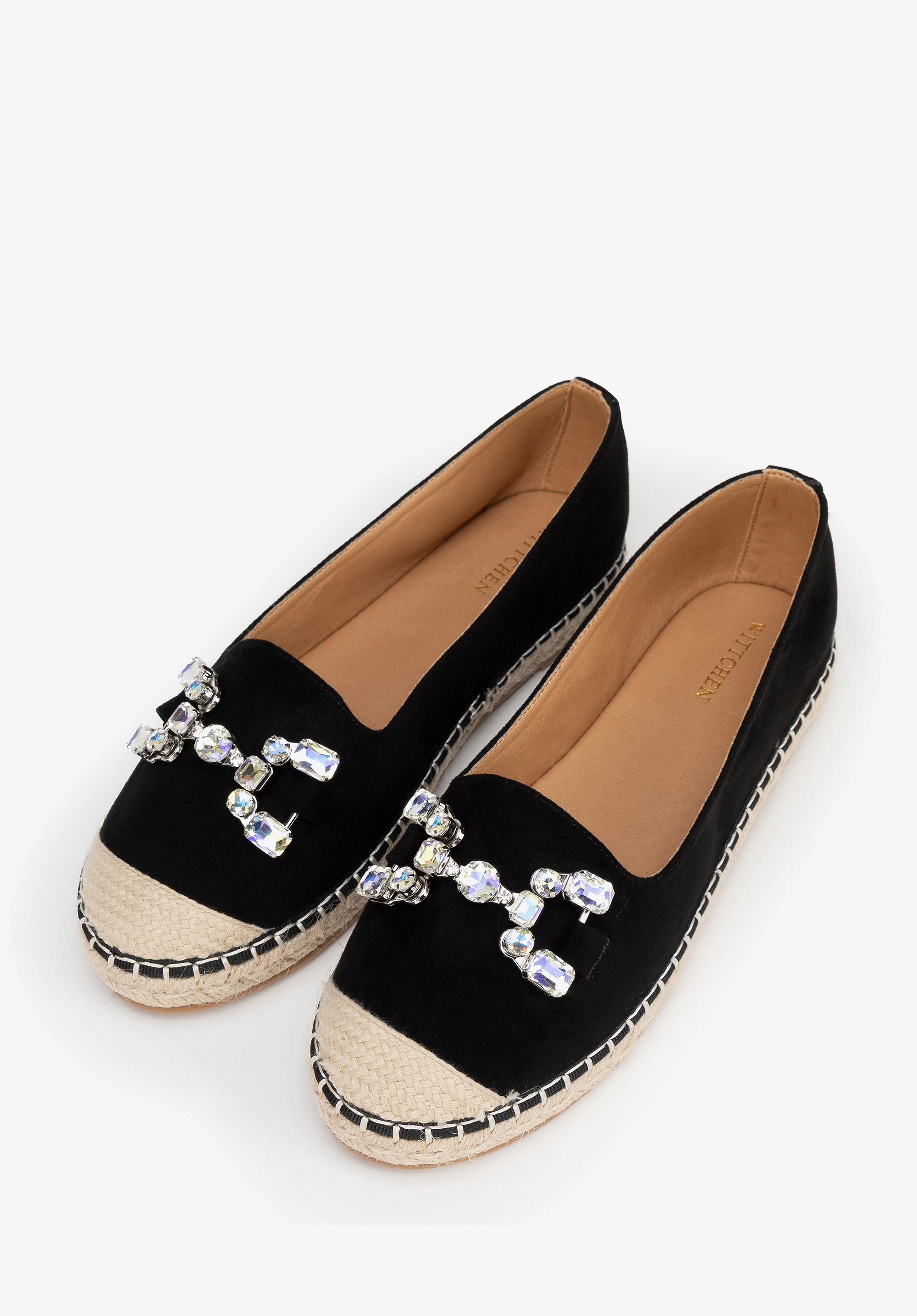 Damskie espadryle z biżuteryjną ozdobą czarno - beżowe