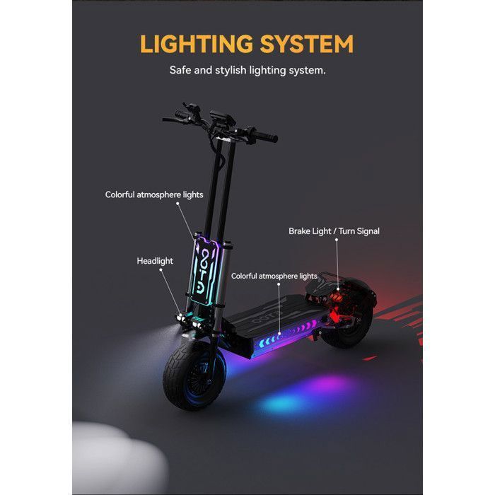 Patinete eléctrico T90: 2 motores de 2100 W, 45 km/h, autonomía de 85 km, doble suspensión y triple sistema de frenado de seguridad.