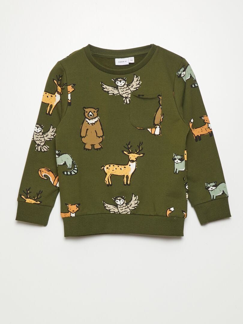 Moletom de lã com estampa de animais da floresta - Cáqui