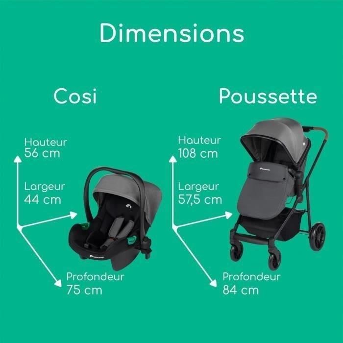 BEBECONFORT HAZE Poussette 3 en 1, Assise transformable en nacelle + siège auto i-Size + habillage pluie, 0-22kg, Tinted Gray