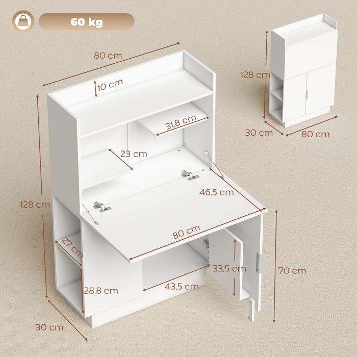 Escritorio para ordenador - HOMCOM - diseño plegable con tablero abatible, estantes y armario - madera - 80x30x128cm - blanco