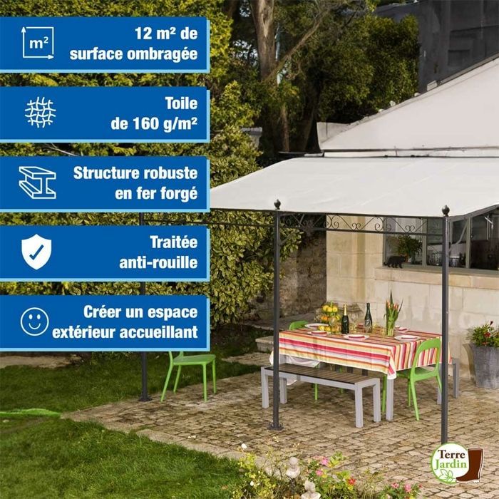 Pérgola de encosto - TERRE JARDIN - 4 x 3 m - Lona de poliéster - Estrutura de ferro forjado - Bege