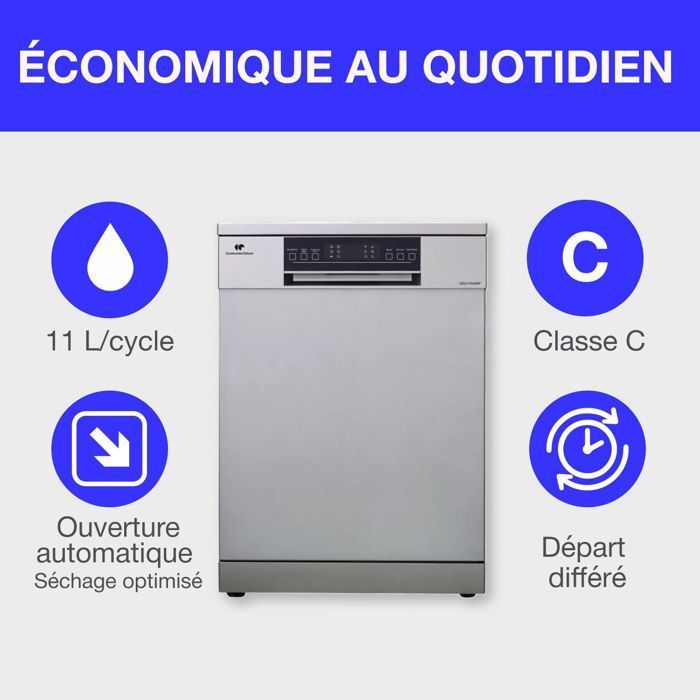 Lave-vaisselle pose libre CONTINENTAL EDISON  CELV1544IXP - 15 couverts - 42dB-Silver