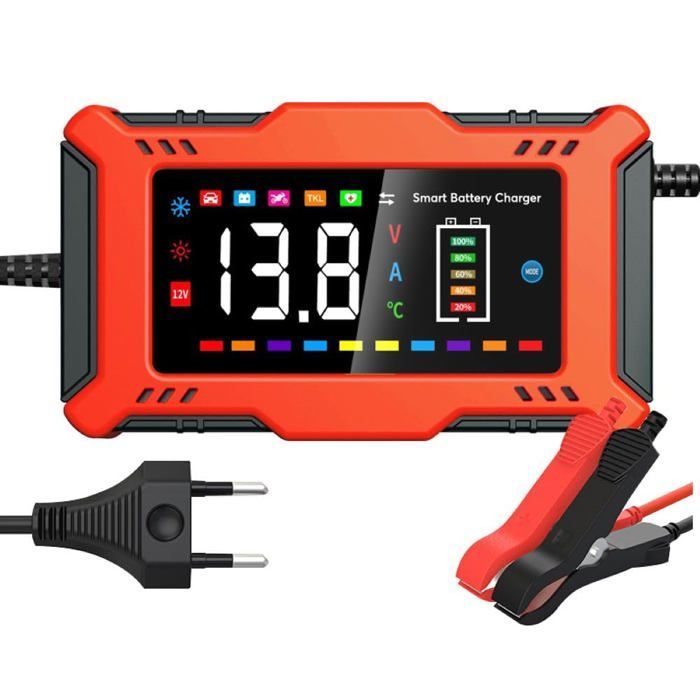 Cargador de baterías inteligente de 12 V y 6 A – Arranque, mantenimiento y reparación de baterías de plomo-ácido y litio, color rosa.