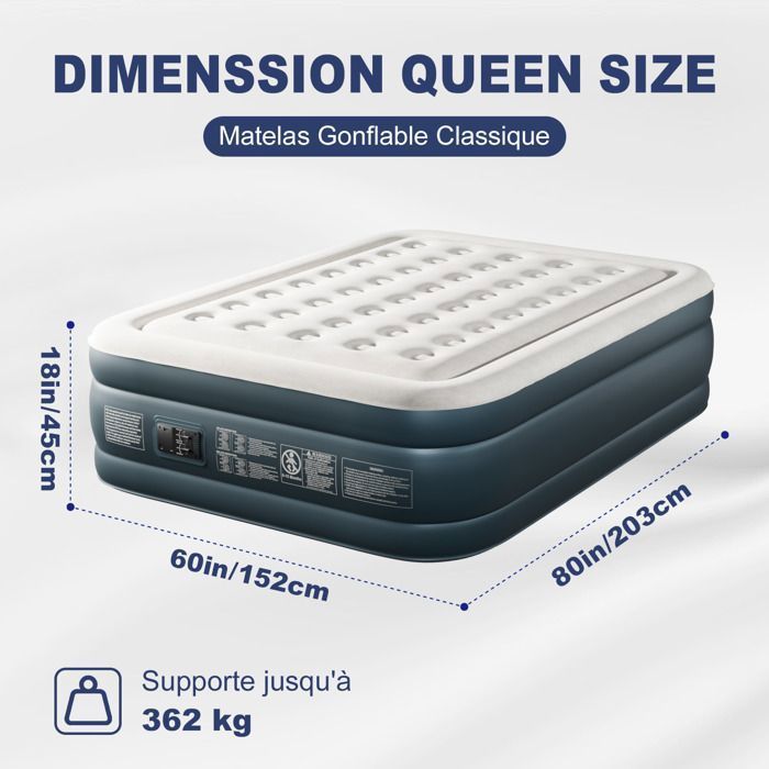 Colchón hinchable para 2 personas, con bomba eléctrica integrada y superficie aterciopelada suave, ideal para camping y hogar, 203 x 153 x 45 cm, color blanco.