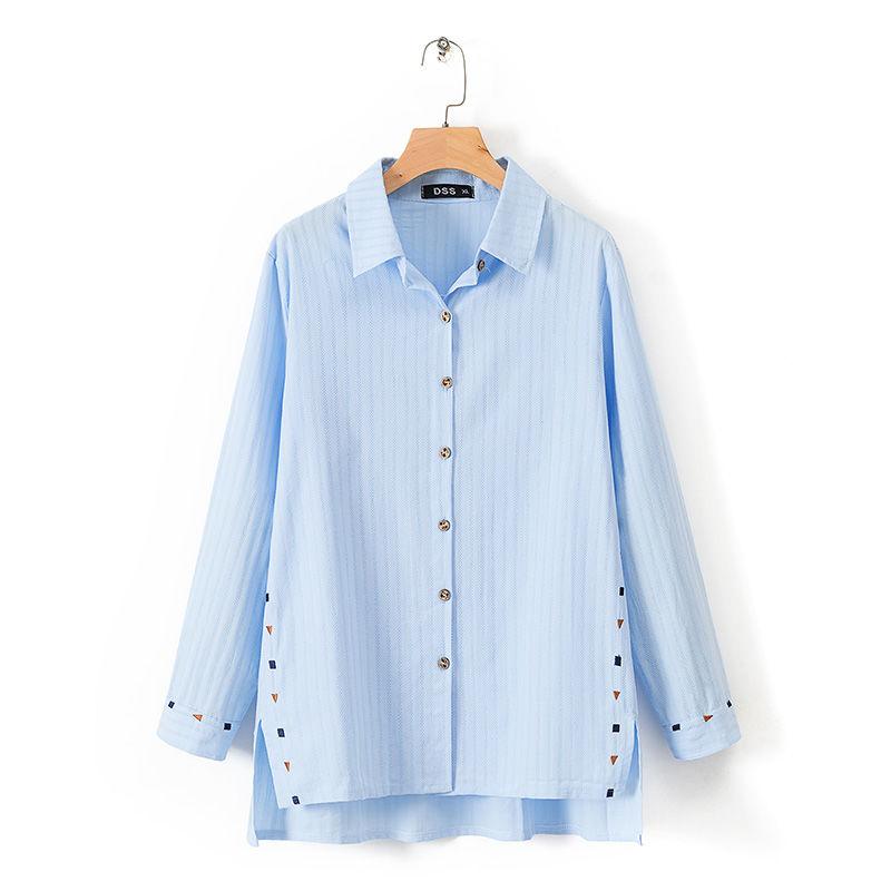 Camicie da donna a maniche lunghe, vestibilità ampia, per l'autunno, casual, a righe, bianche, 100% cotone, con ricami, taglie forti D441