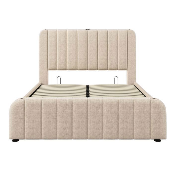 Cama con espacio de almacenamiento, tapizada, con cabecero doble acolchado y función de carga USB Tipo-C, 140x200 cm, color beige.