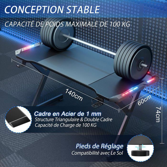 HLONONE LED Mesa Gaming 140 × 60 cm, Bureau Gamer Ergonomique en Fibre de Carbone, Noir