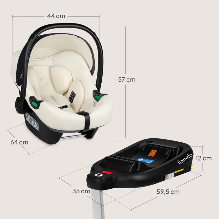 Seggiolino auto LIONELO Astrid i-Size (40-87 cm) con base ISOFIX - ADAC - Porta-neonati - Leggero - Crema