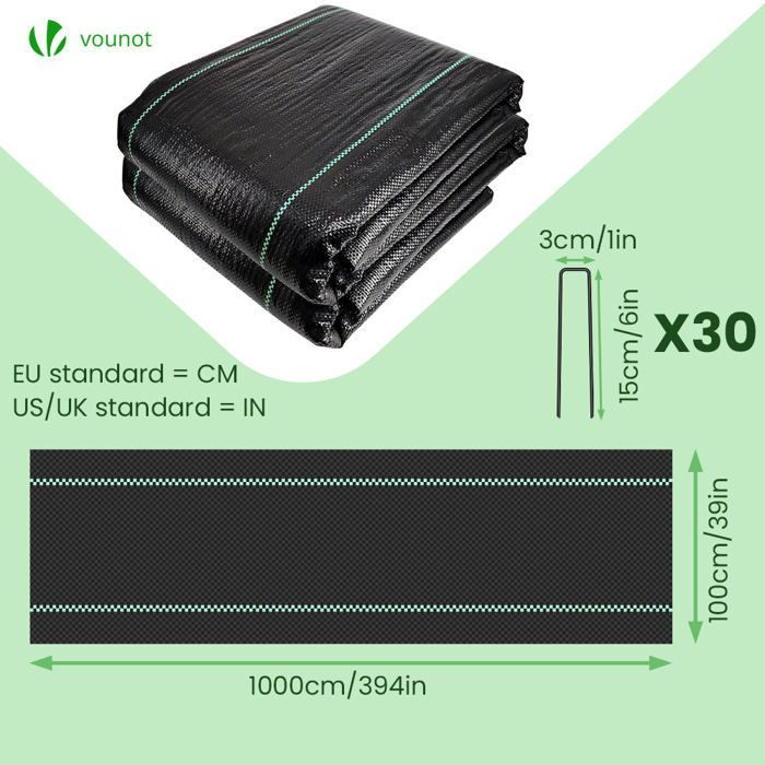 VOUNOT® Toile de paillage 10m x 1m 100g/m² avec 30 piquets de fixation - Bâche géotextile anti UV contre mauvaises herbes