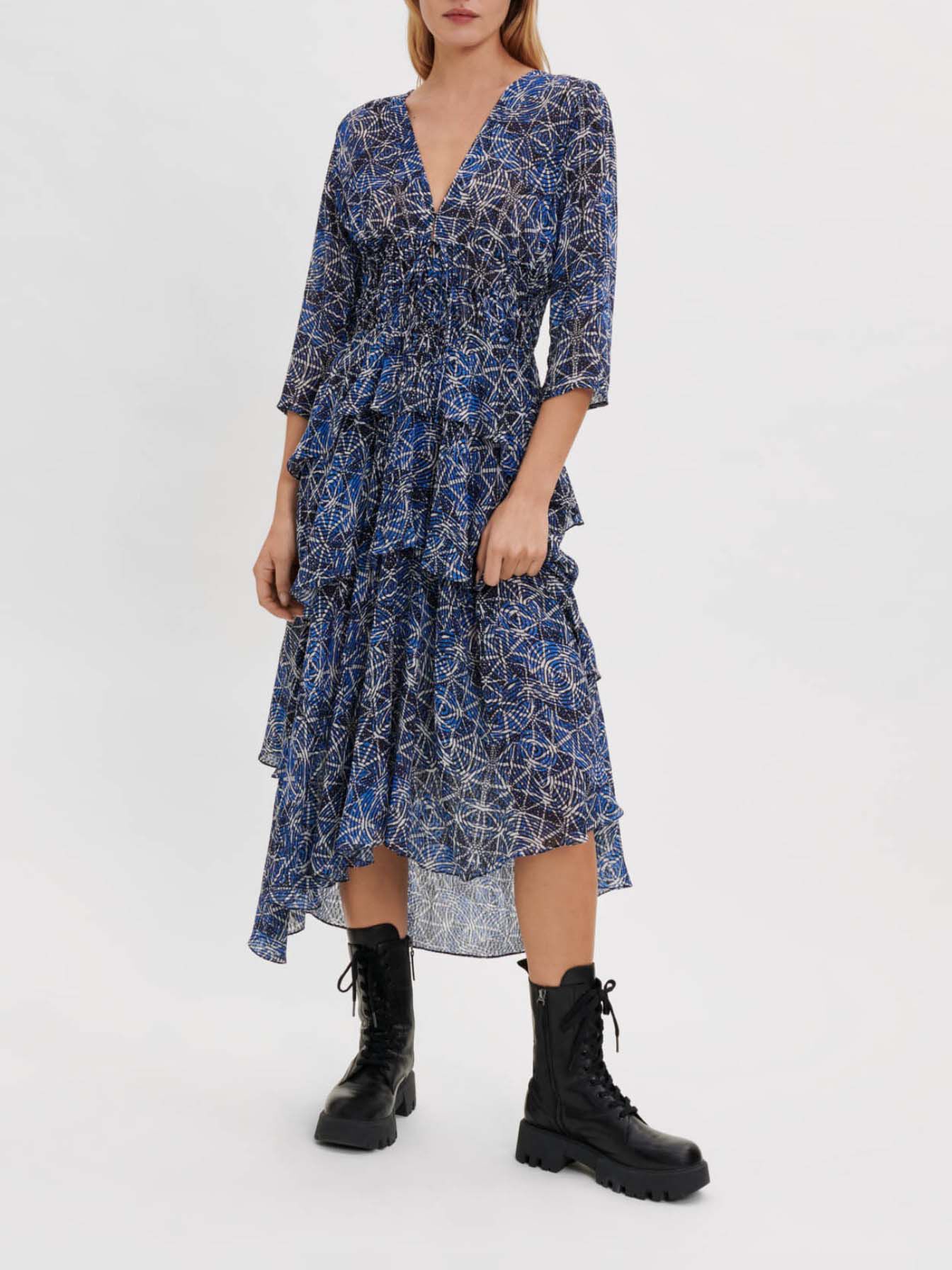 Rochie cu volane din viscoză-indigo